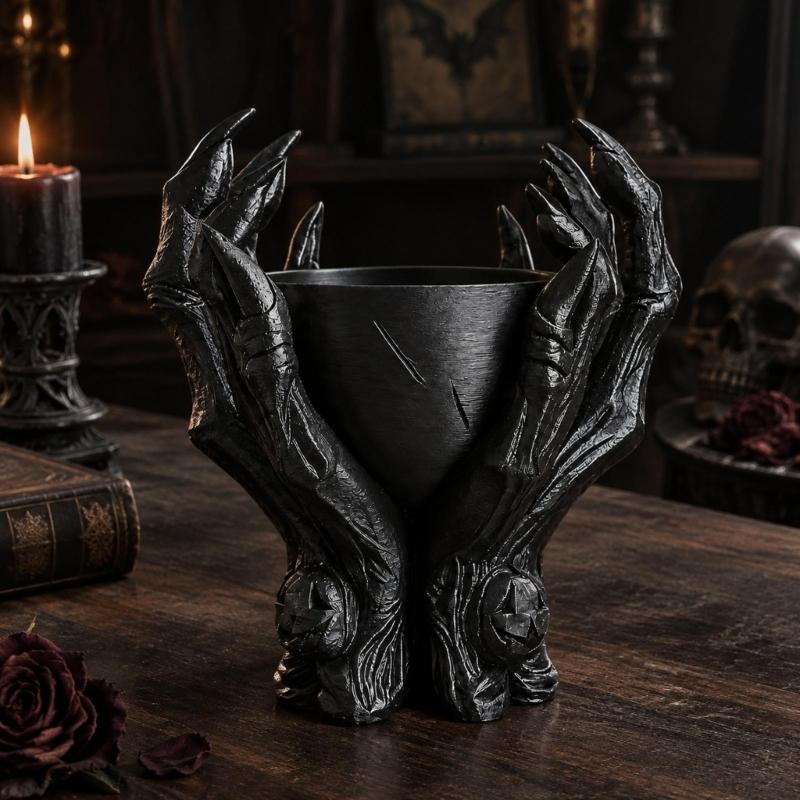 Dark Small-Item Dish with Sculpted Devil Hand Hands, Open Storage Bowl for Jewelry, Keys and Earbuds, Black Desk or Dresser Display Piece