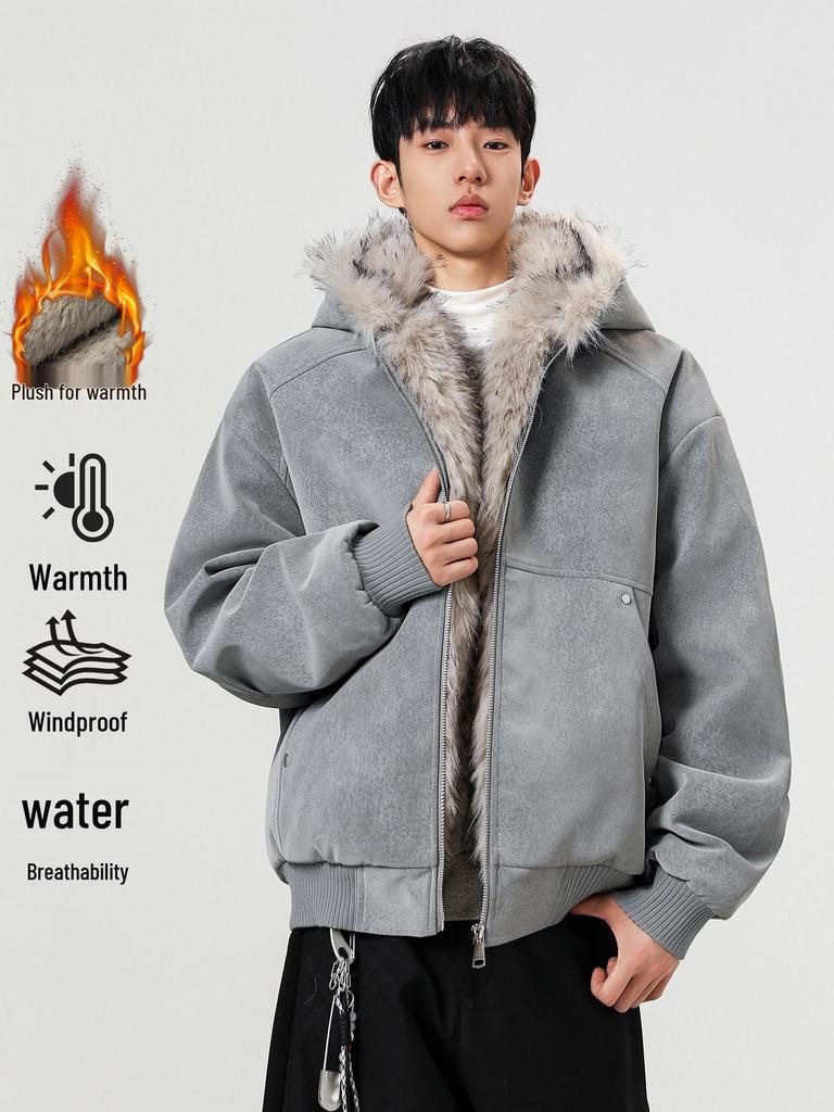 Unisex Winter Hooded Cotton Coat with Sable Collar, Thickened and Velvet-Lined for Warmth and Cold Protection