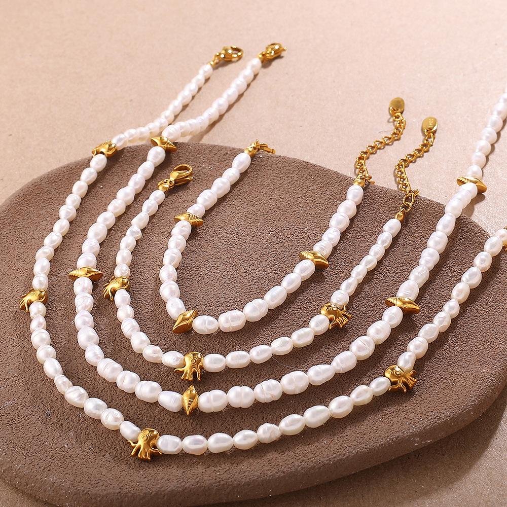 French Seaside Beach Wind Shell Gold Bean Natural Freshwater Pearl Bracelet Necklace Stainless Steel Gold-plated Set