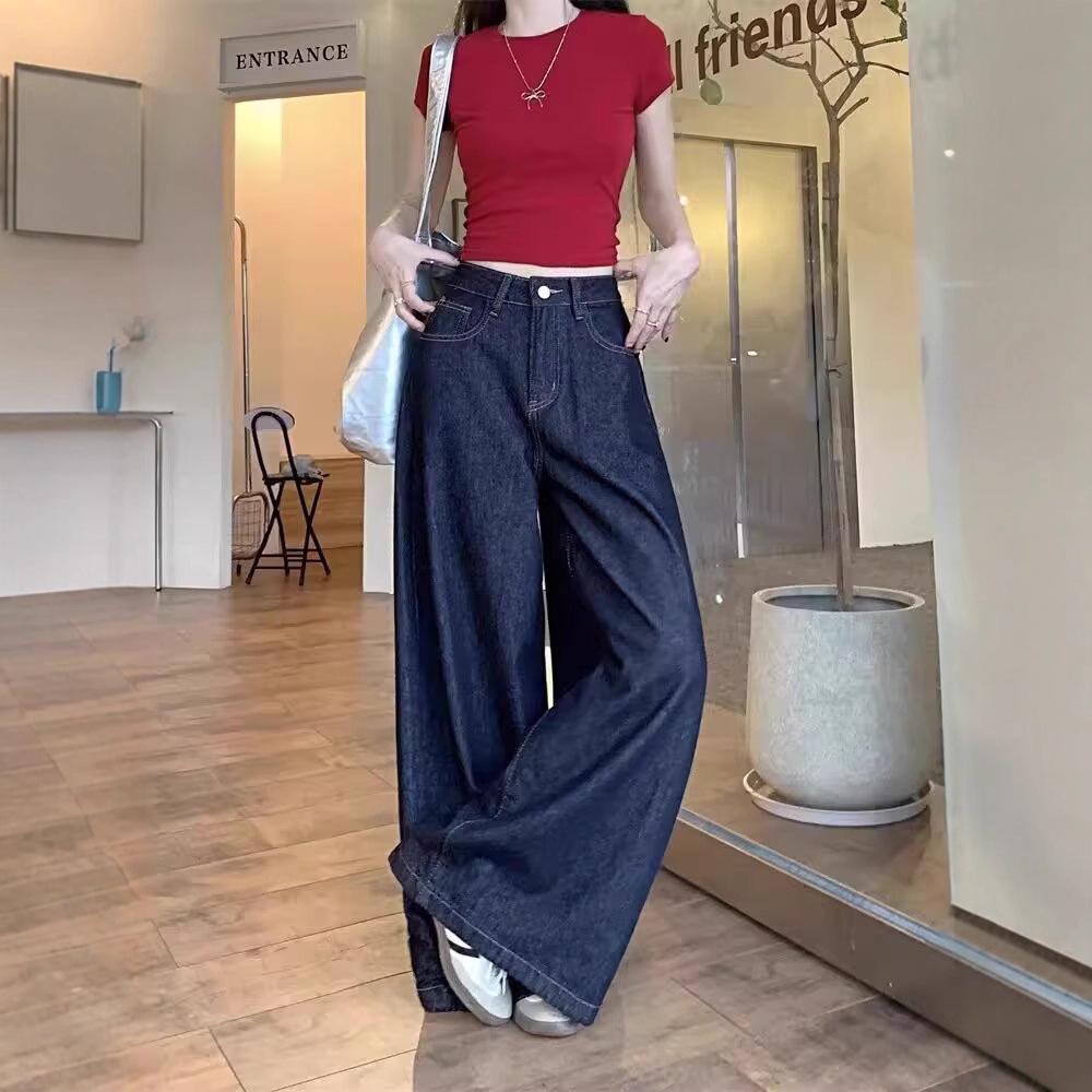 Women's High-Waisted Retro Wide-Leg Jeans in Deep Blue