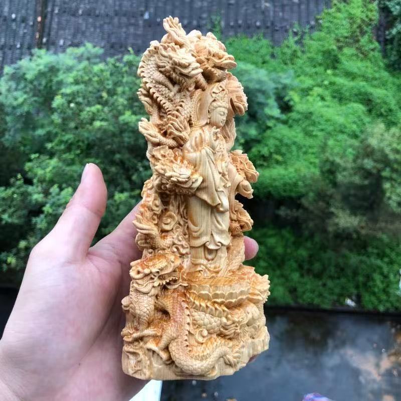 wood carving Kowloon Guanyin Buddha Statue Chinese Buddhist figures Home Living Room Office Wealth Luck Feng Shui Decor statue