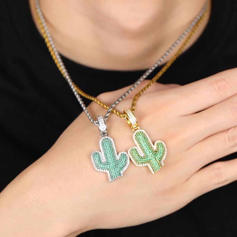 Cactus Shaped Hip Hop Pendant Full Zircon Necklace Men Women Trendy Jewelry Gift