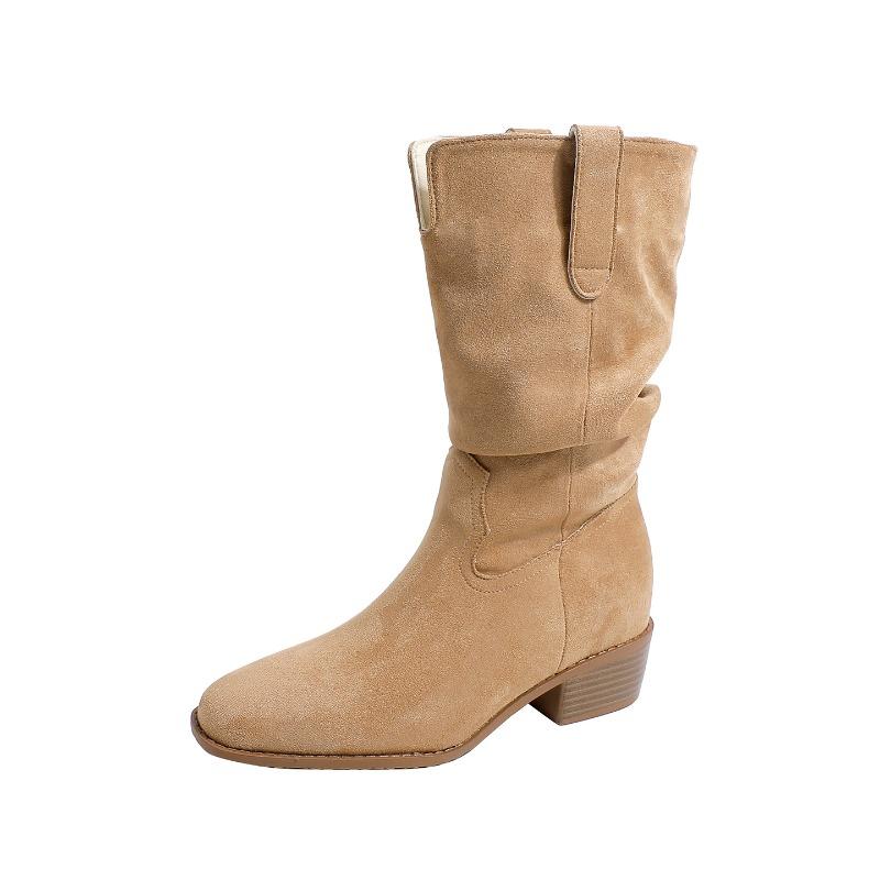 

[Новинки осени и зимы] Плиссированные ботфорты на квадратном каблуке с V-образным вырезом, тонкие и универсальные, средней длины, в стиле ретро, ковбойские сапоги 39 хаки