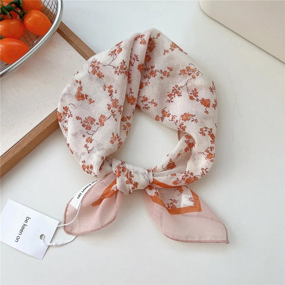 Fashion Floral Print Square Scarf Soft Handkerchief Women Hair Scarf Cotton Linen Head Scarfs Ladies Neck Scarves Summer Autumn