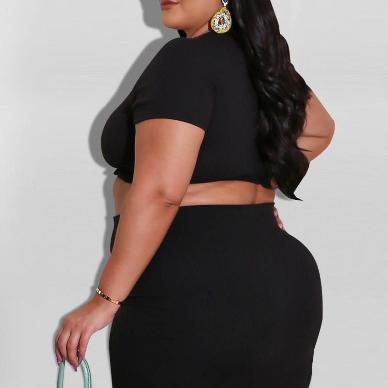 MY676 Plus Size Womens Knit Long Sleeve Crop Top Maxi Skirt Set Black Milk Silk Casual Outfit 2025