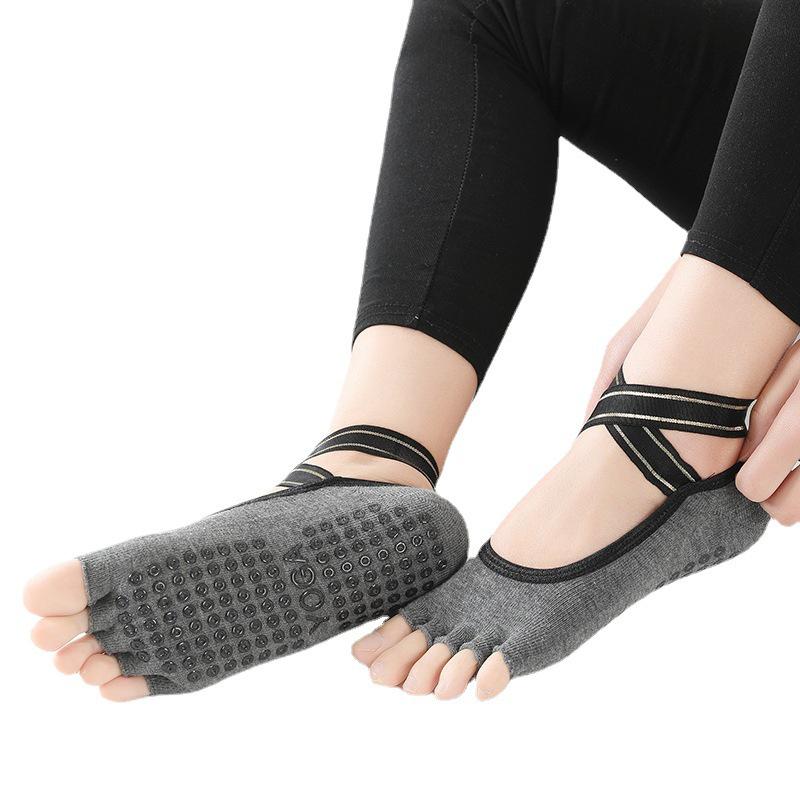 Women's Breathable Cotton Backless Fingerless Non-Slip Yoga Toe Socks with Cross Strap