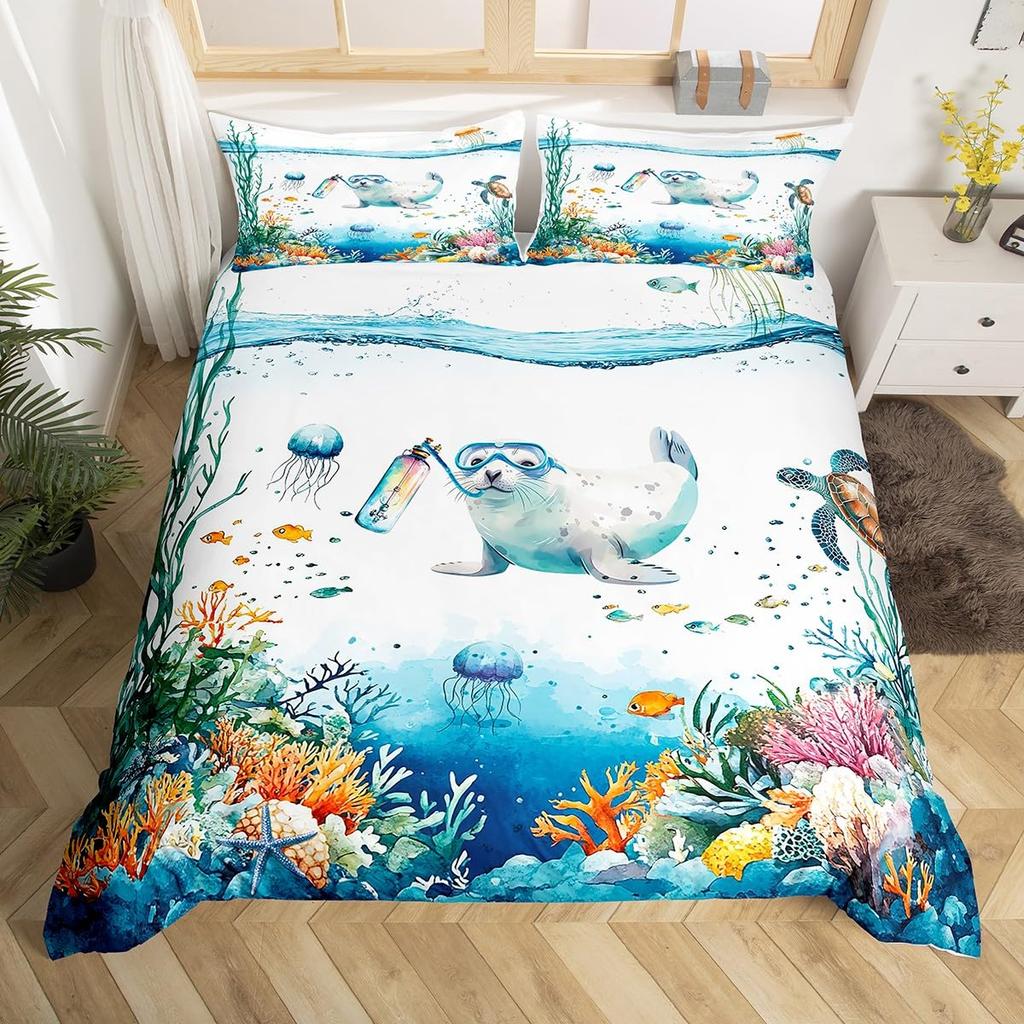 Seal Duvet Cover Set For Kids Boys Girls Queen Quilt Covers Lightweight Down Room Decor 2 Pillowcases 1 Duvet Cover No Comforter