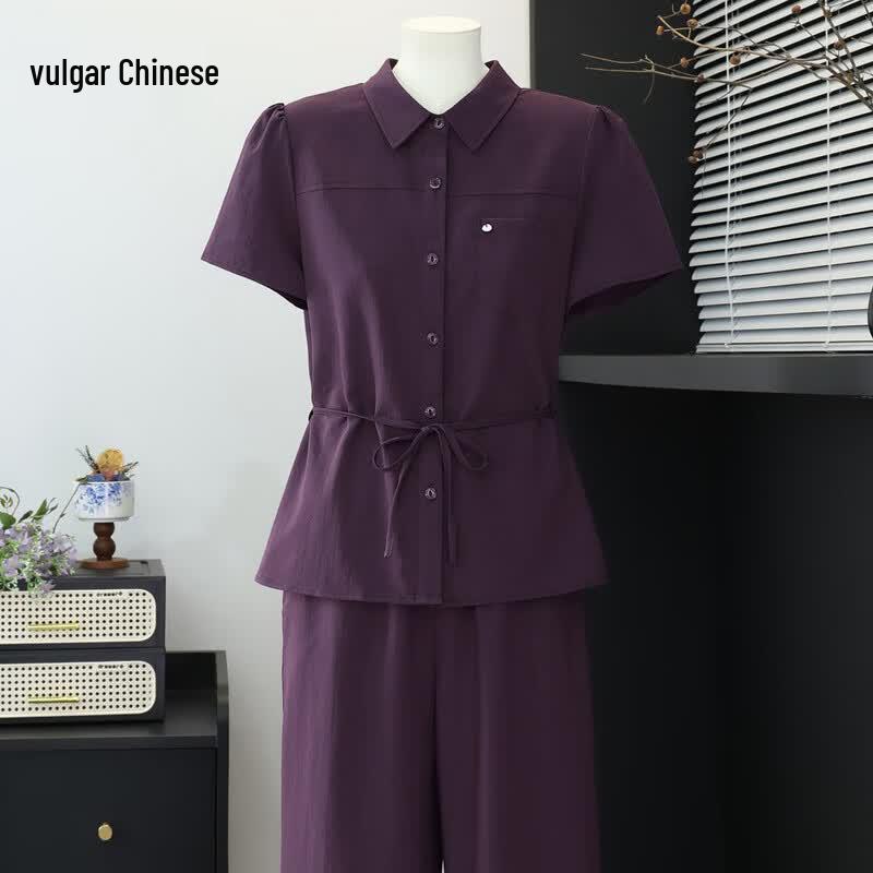 Women s Summer Slimming Two-Piece Shirt and Pants Set 2XL