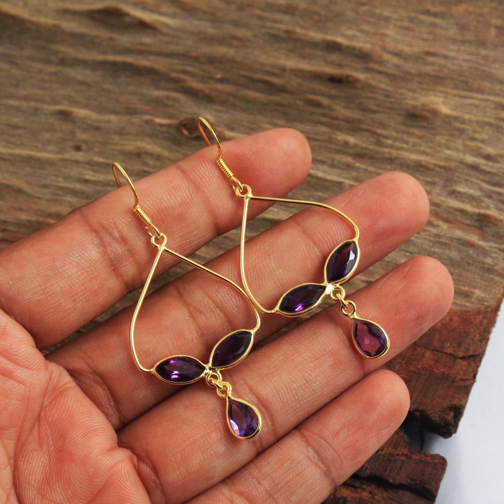 Yellow Gold Plated Amethyst Blue Topaz Citrine Handmade Dangle Earring 925 Sterling Silver Jewelry