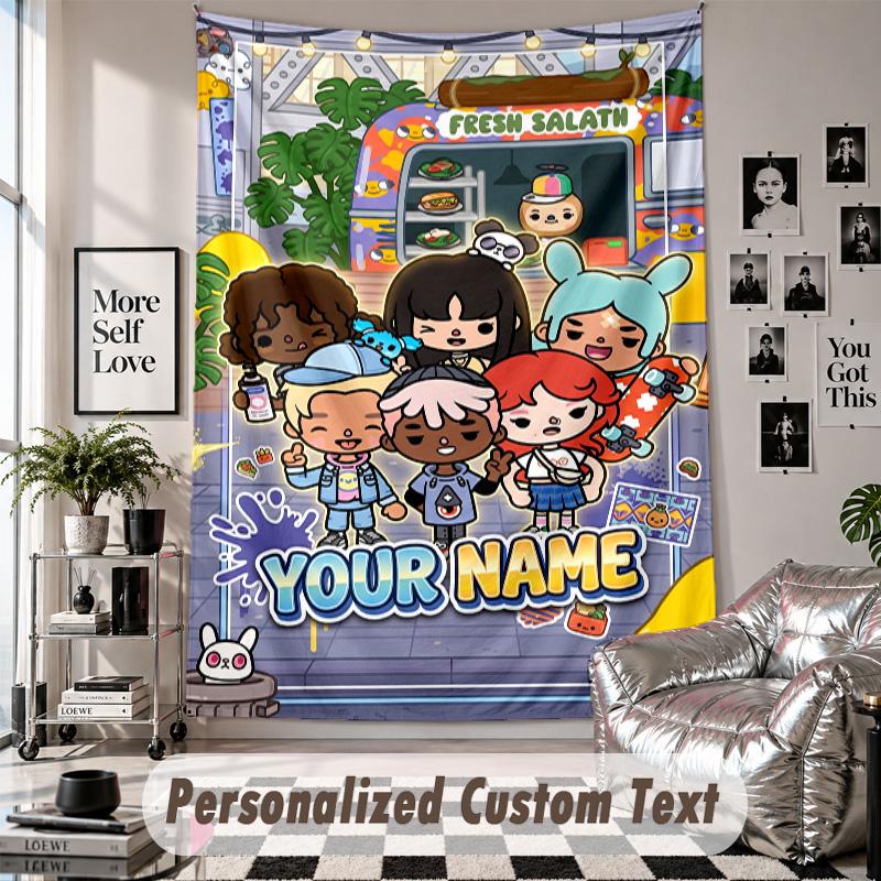 Wall Hanging Tapestry With Custom Name & Text, Toca Boca Decorative Tapestry For Bedroom