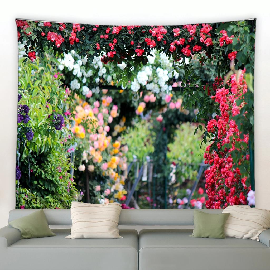 Spring Butterfly Flowers Tapestry Retro Wooden Fence Nature Pink Rose Plants Floral Wall Hanging Garden Home Decor Scenery Cloth