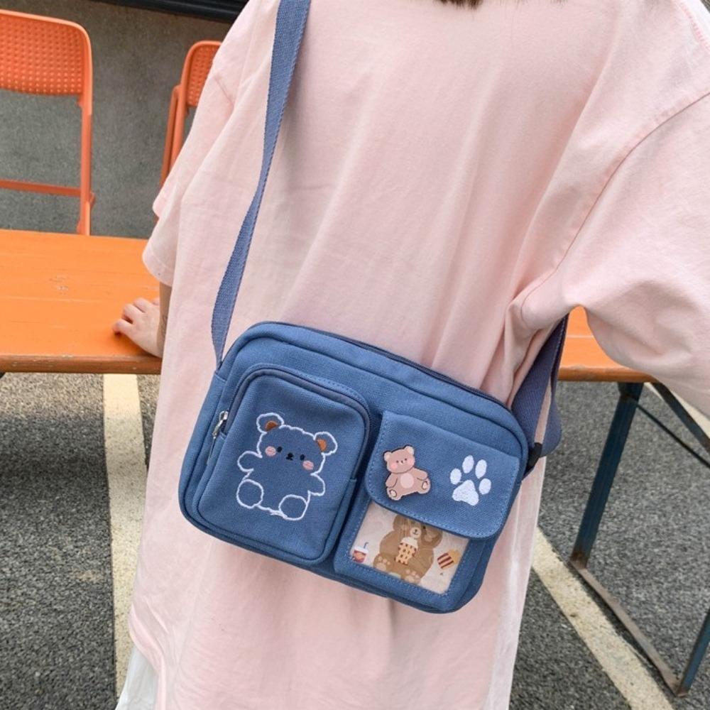 Embroidery Bear Canvas Shoulder Bag Solid Color Shoulder Bag Cute Transparent Itabag  Gift