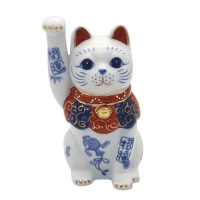 Yakushi Fırını Maneki-neko (sağ elini kaldırmış, beden 4.5, toplam uzunluk 14.5cm) Mavi ve Beyaz Porselen Şanslı Kedi (şanslı etiketli)