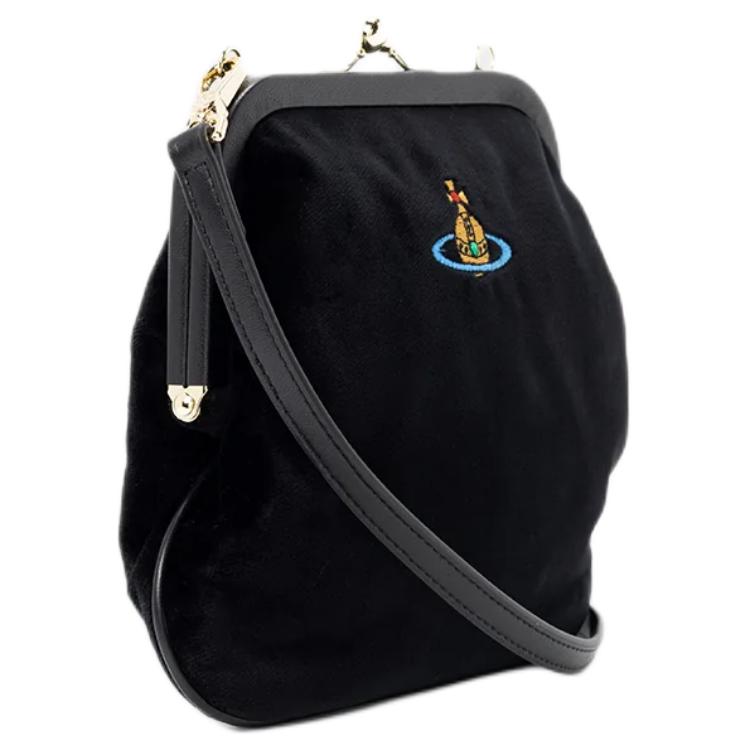 VIVIENNE WESTWOOD Saturn Logo Detachable Shoulder Strap Velvet Shoulder Crossbody Clutch Women Bags Black 4B01000IWW00ZLN401