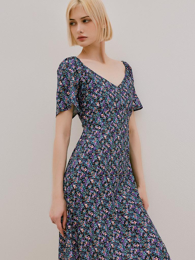 HUGDAY Floral V-Neck Long Dress