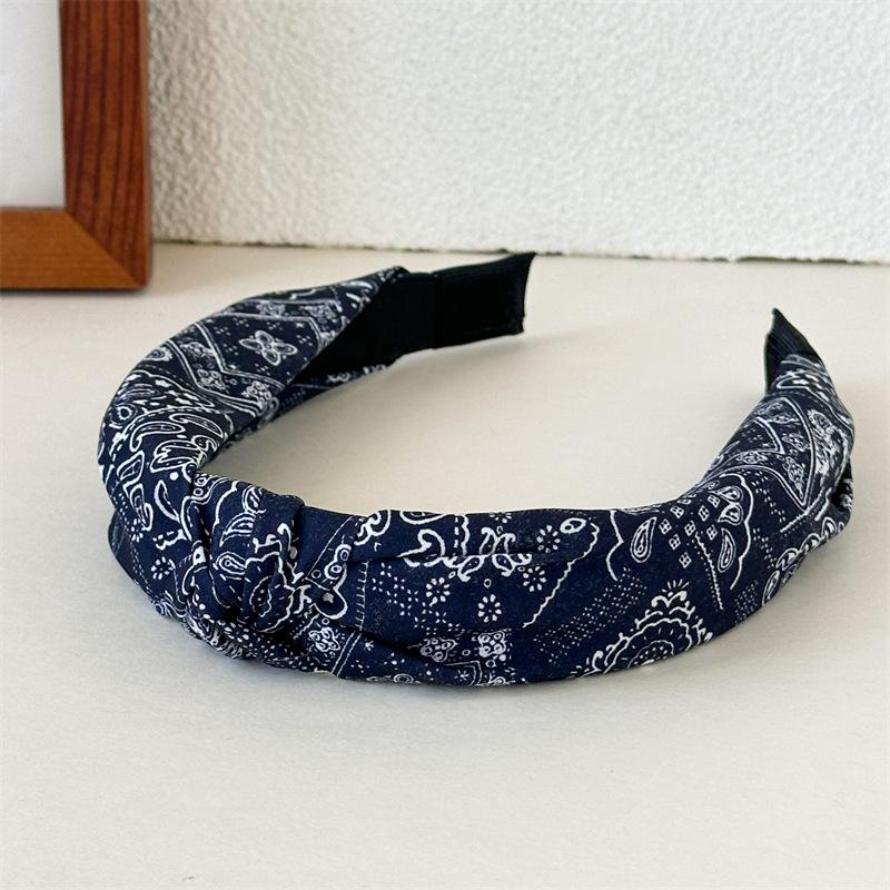 

New Round-point Fabric Knotted and Crossed Style Headband for Women with High Crown and Walnut Flower Full Coverage Headband Tie - Navy Blue