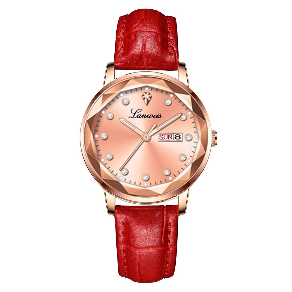 Diamond-Shaped Women's Quartz Watch with Leather Strap, Waterproof, and Suitable for Students and Couples.