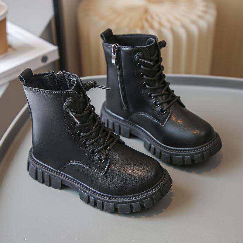 Children's Platform Ankle Boots Spring Autumn Girls Causal Black Leather Boots Fashion Non-slip Kids School Thick Bottom Boots