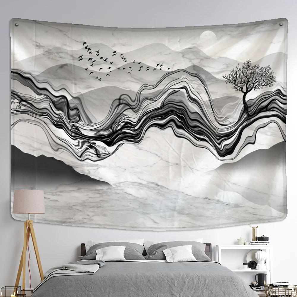 Mountain And River Ink Painting Tapestry Wall Hanging Bohemian Style Ins Hippie Psychedelic Home Decor