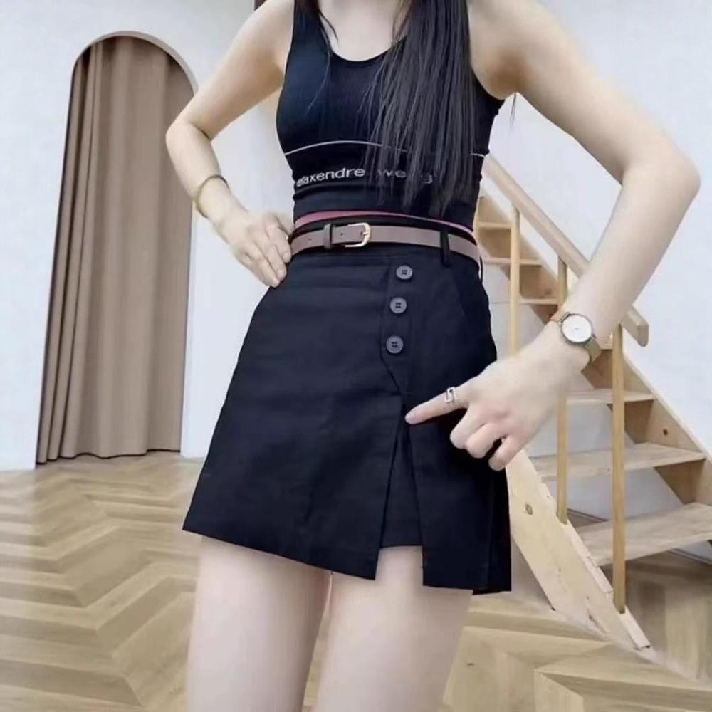 Khaki Women's Summer Workwear Skort - European Style, Slimming, Versatile, Elastic High-Waist, Mid-Calf Split.