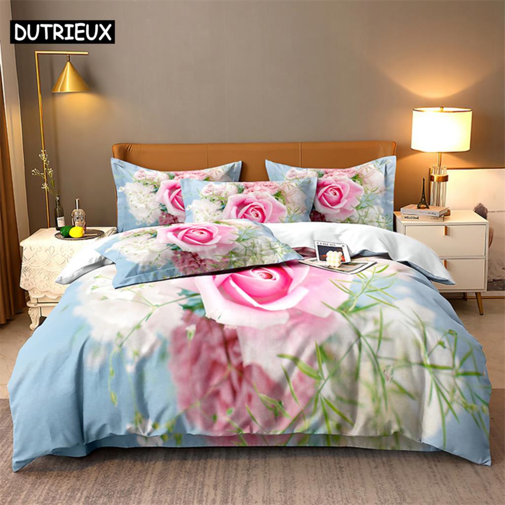 3D Digital Printing Fashion Design Natural Flowers Bedding Set, Queen Size Duvet Cover Set