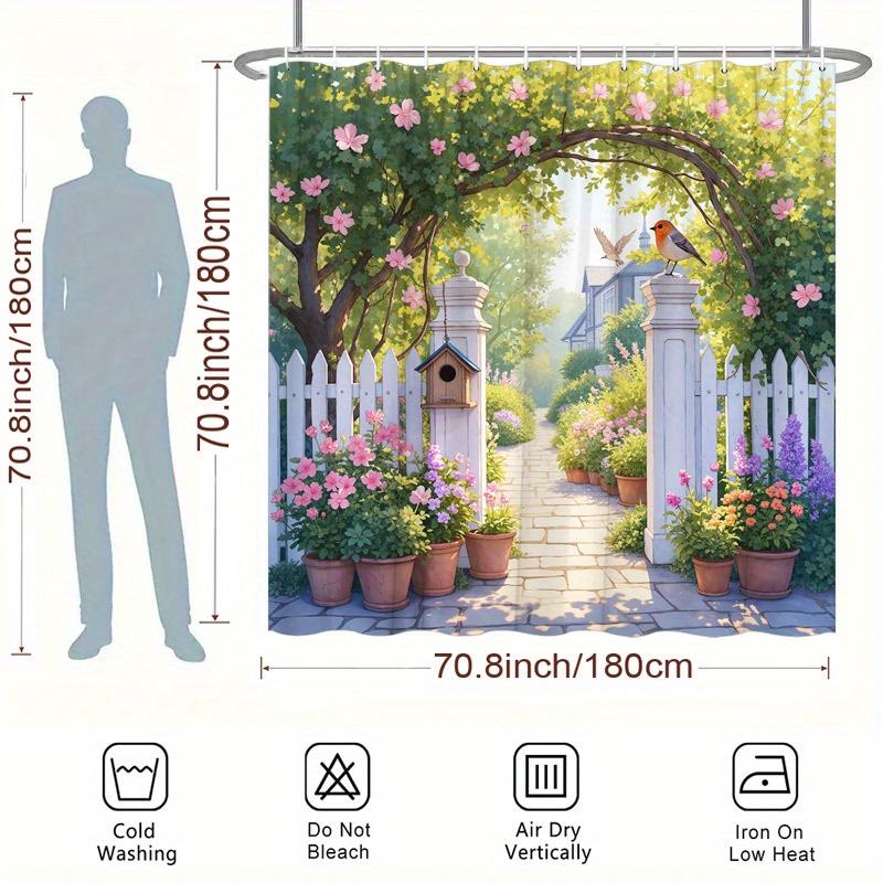 Rideau de douche 'Portail de jardin printanier' - Tissu résistant à l'eau pour salle de bain - Parfait pour les amateurs de nature et de motifs floraux