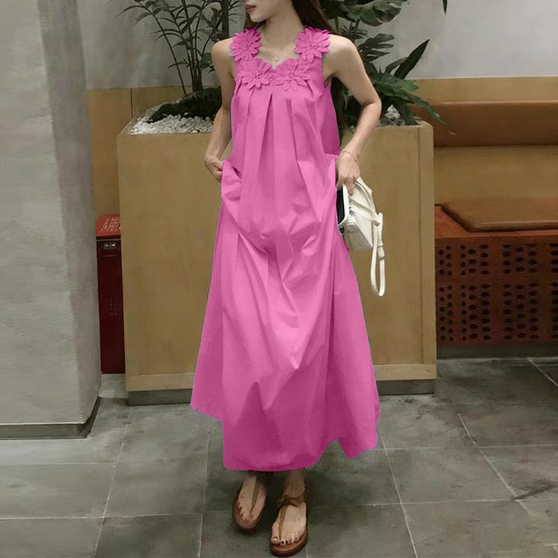 ZANZEA Bohemian Style Summer Casual Round Neck Sleeveless Long Dress