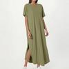 Women's Fashion Casual Loose Short Sleeve Round Tie Pocket Solid Color Maxi Dress