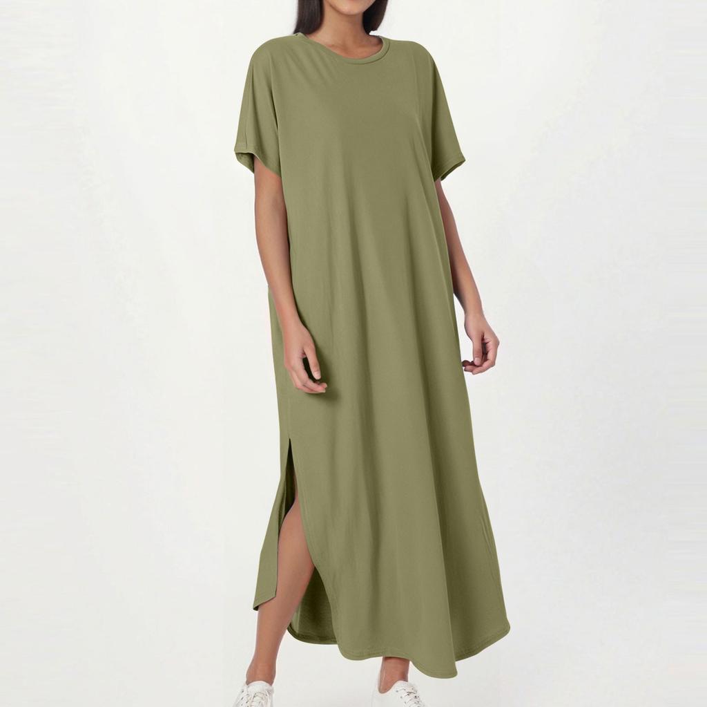 Women's Fashion Casual Loose Short Sleeve Round Tie Pocket Solid Color Maxi Dress