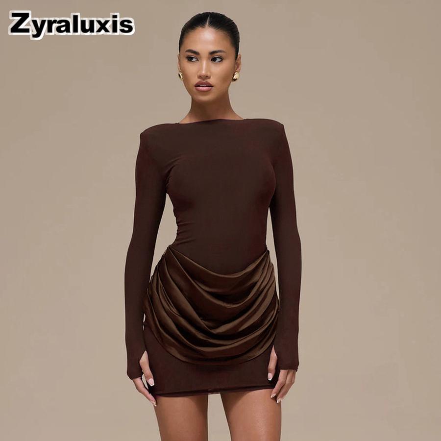 Women's Autumn Winter New Style Solid Elegant Casual Slim Fit Crew Neck Long Sleeve Ruffled Mini Dress