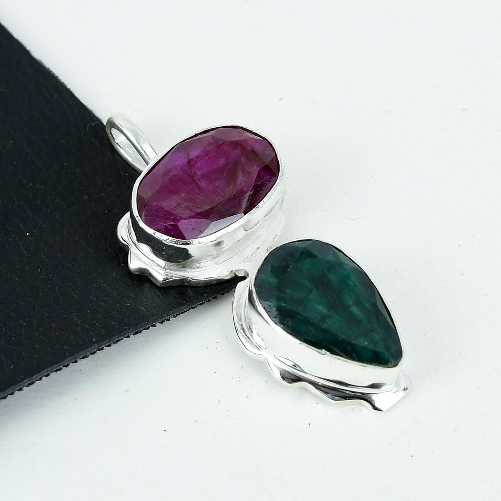 Kashmir Ruby, Emerald Gemstone Silver Pendant In 925 Sterling Silver- Handmade Design, Everyday Wear Jewelry, Unique Pendant Easter Gift