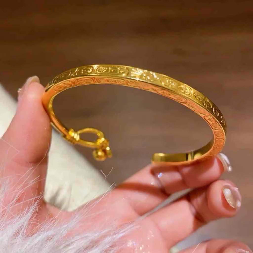 2025 Chinese Style Golden Auspicious Open Cuff Bangle for Women - Ancient Sand Gold Stackable Half-Bangle Bracelet