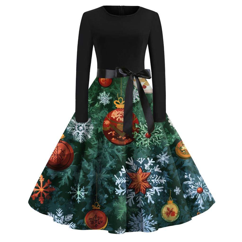 Women's Fashion Round Casual Slim Fit Christmas Print Large Swing Long Sleeve Dress