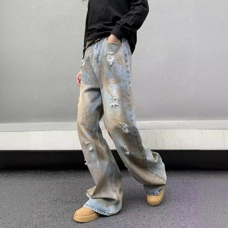 Relaxed Fit Distressed Denim Jeans Men Women Vintage Washed Straight Leg Wide Tapered Pants