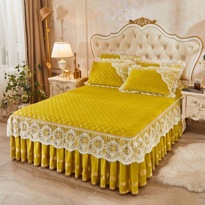 European Style Velvet Bed Skirt Quilt Cover Pillowcase 3pc Suit Thicken Autumn Winter Keep Warm Double Sided Short Plush Bedspread Quilt Cover