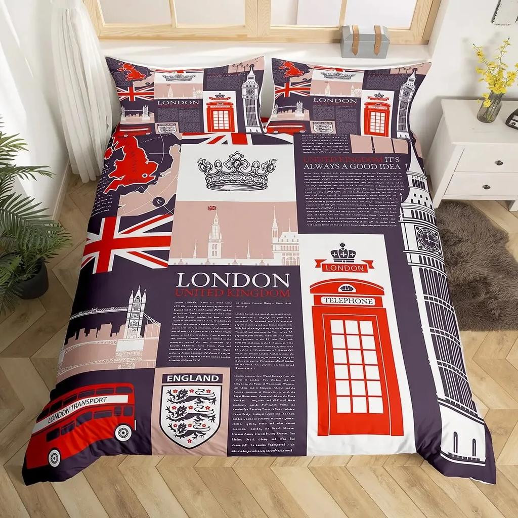 Big Ben Comforter Cover Boys Famous Telephone Booth Bedding Set for Teens Retro London Cityscape Duvet Cover Set with Pillowcase