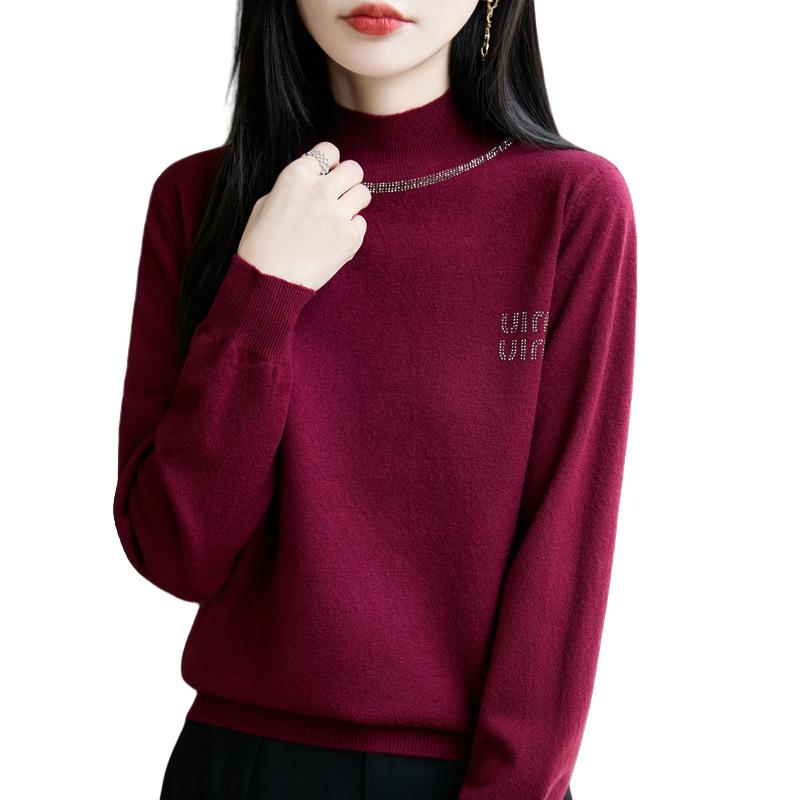 Autumn/Winter Rhinestone Semi-High Neck Knitted Sweater Top for Women