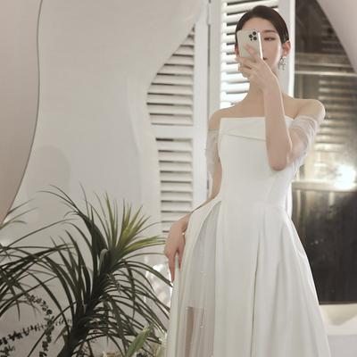 French Light Wedding Dress Satin Toast Dress Bride Wedding White Evening Dress Banquet One-word Shoulder Simple Temperament Travel Photography