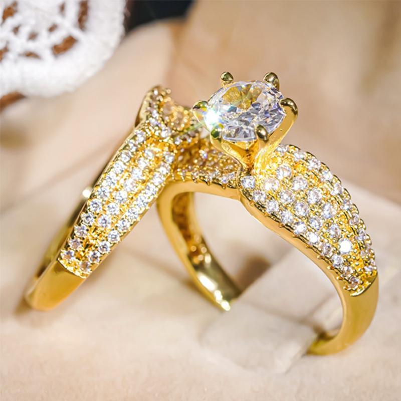 Huitan Gold Color Luxury 2Pcs/Set Rings With Shing Cubic Zirconia For Women Wedding Party Engagement Fancy Accessories Zircon