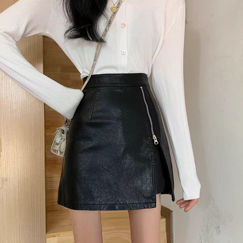 Korean Style High-Waist Irregular Zipper PU Leather A-line Midi Skirt for Women, 2025 Collection