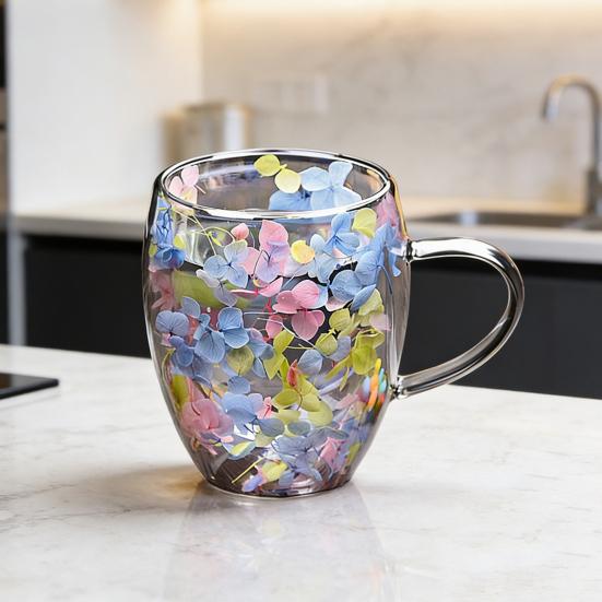 Double Wall Glass Coffee Mug with Handle High Borosilicate Heat Resistant Cup Colorful Petal Design Hot
