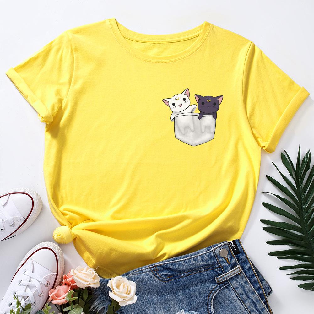 Cute Kitten Print Loose Round Neck Pure Cotton Short Sleeved Women's T-shirts