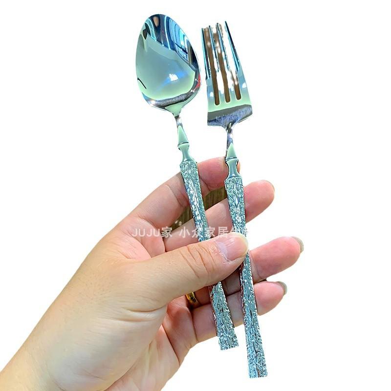 Patterned stainless steel small waist knife, fork and spoon set Patterned handle Stainless steel western tableware Patterned round spoon