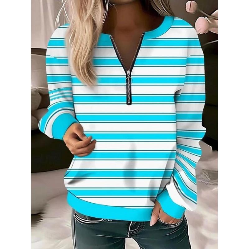 Womens V-Neck Half-Zip Long Sleeve Oversized Hoodie With Geometric Print Casual Comfort Fit 2025