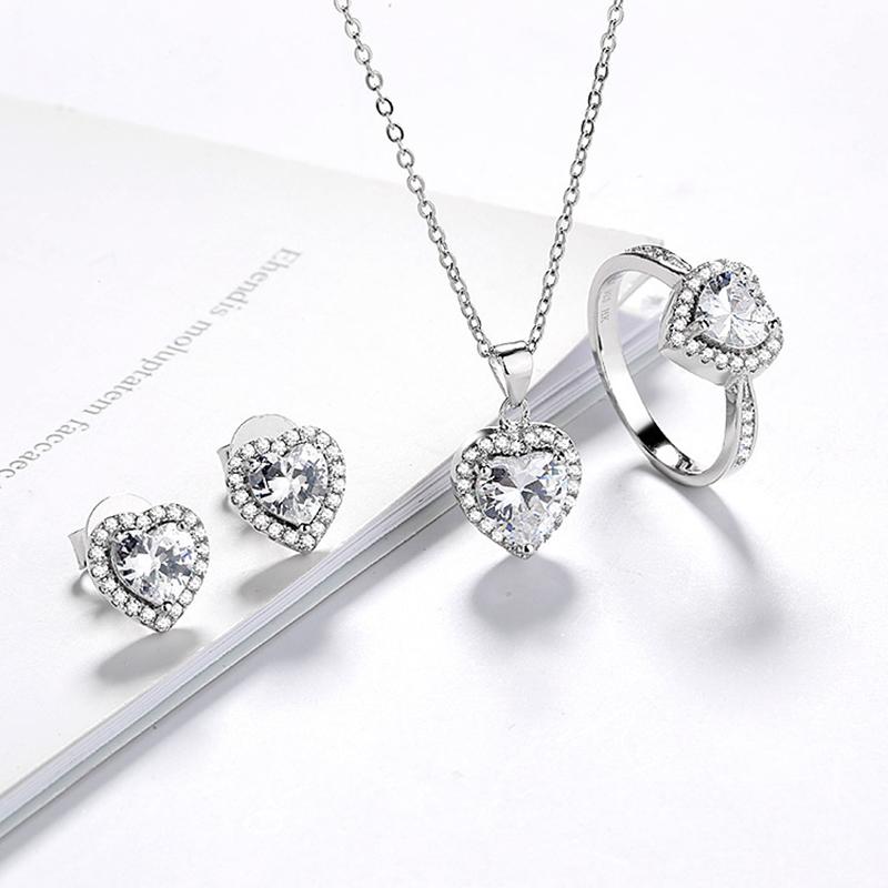 

Fashion Women Jewelry Sets For Party Pure 925 Silver Bridal Love Heart Zircon Necklace Earrings Ring Set Accessories 6
