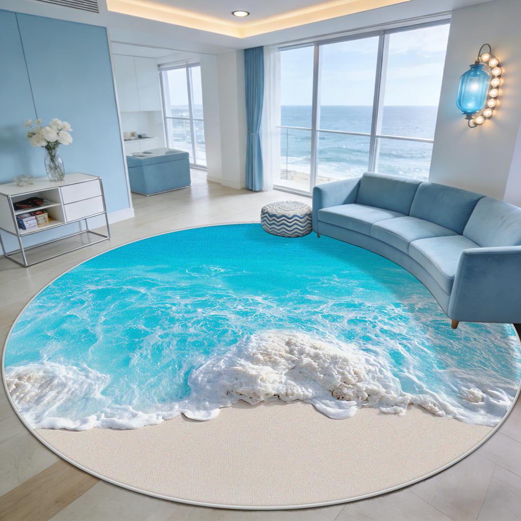 Immersive Wave Beach Round Carpet for Living Room Decoration Terrace Courtyard Antiskid Rug Easy Clean Fluffy Mat for Children