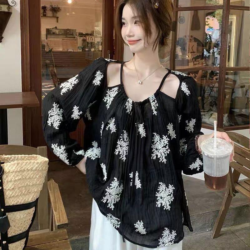 

K-стиль Вырез Национальный стиль Шифоновая рубашка Свободная Длинные рукава Вышивка Image color XL