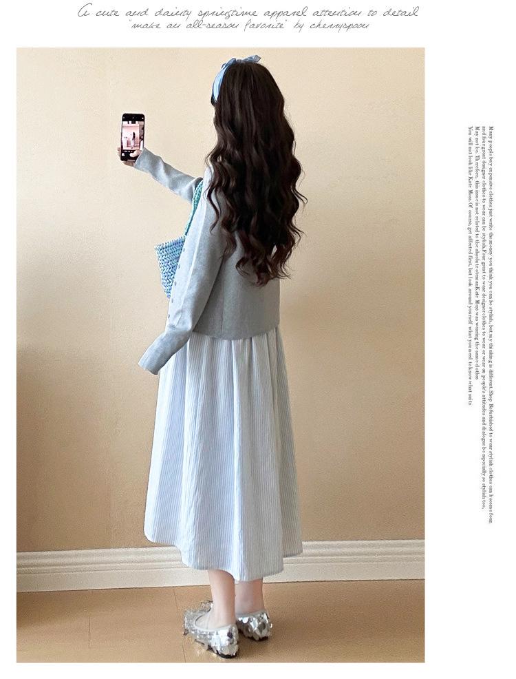2025 Spring Maternity Lace V-Neck Dress & Knit Cardigan