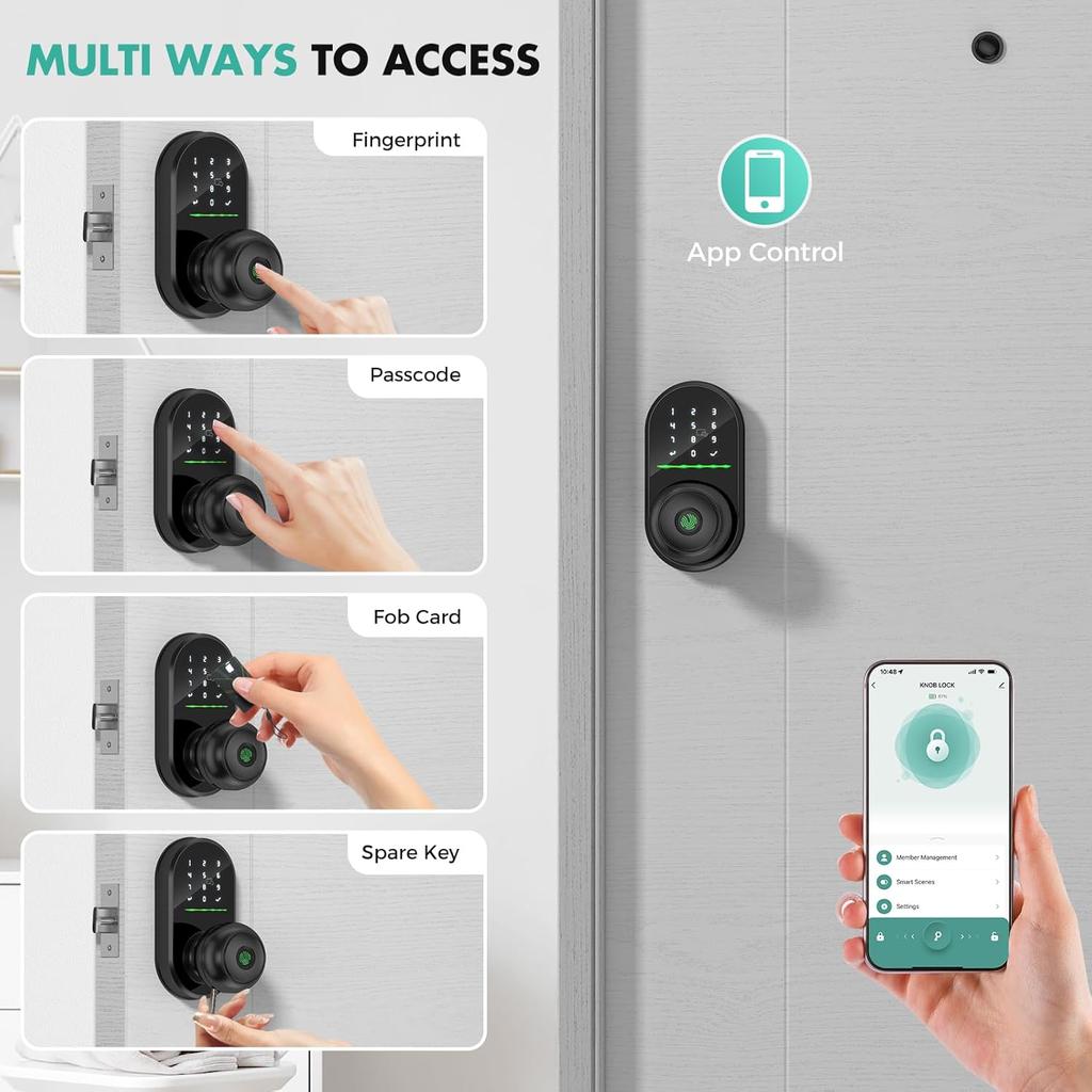 Tastatur Smart Türschloss mit Knauf, Schlüsselloses Eingangstürschloss, Fingerabdruck Türknauf für Haustür, Elektronischer Code, App-Fernsteuerung, Einfach