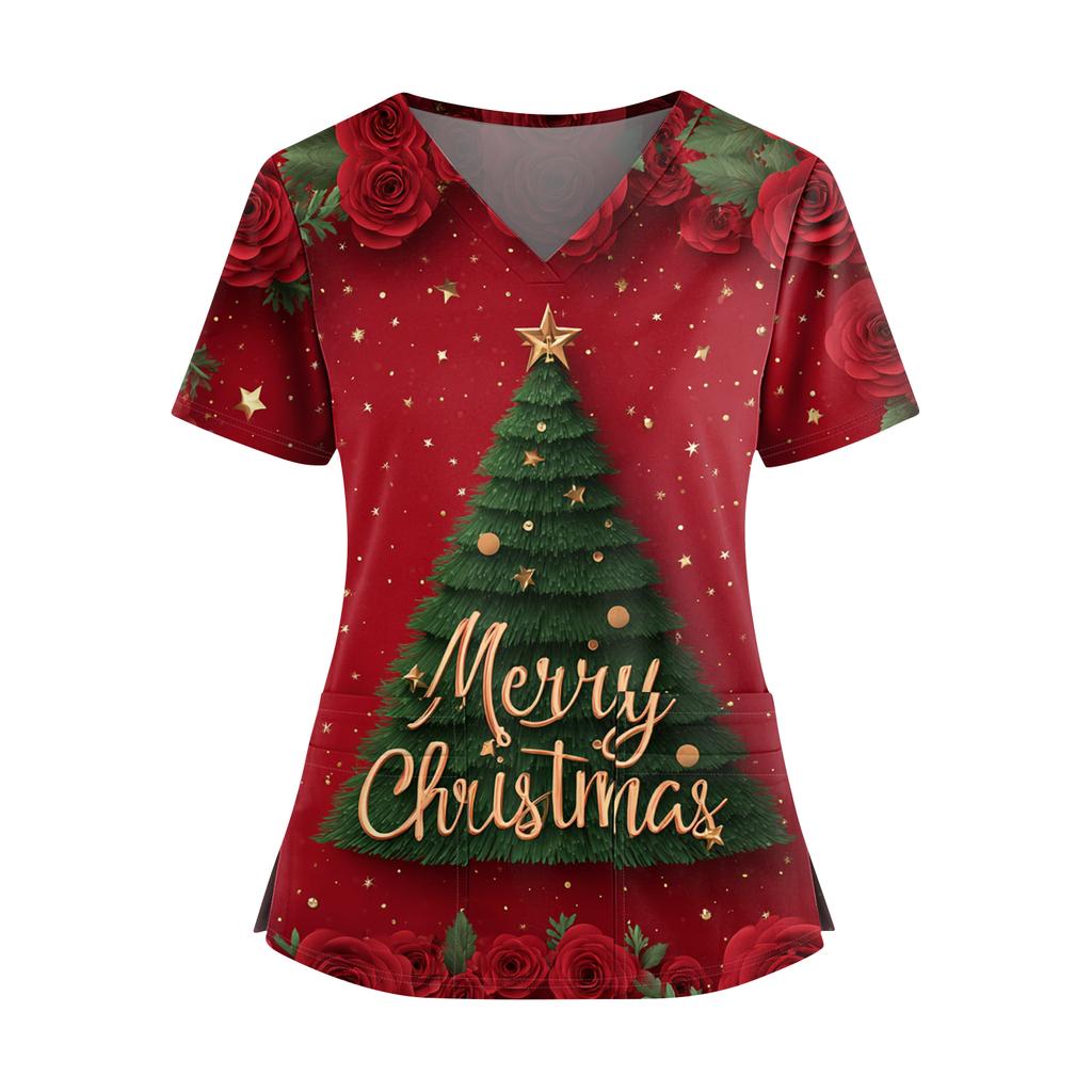 Dámský vánoční potištěný top s výstřihem do V, dvěma kapsami, krátkým rukávem, rozparkem na lemu, uniforma pro pečovatelky